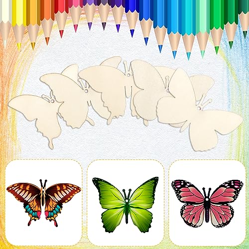 Whaline 54 Pieces Unfinished Wooden Butterfly Cutouts with Holes and Hemp Rope DIY Blank Butterfly Shape Hanging Ornaments Embellishments Wooden