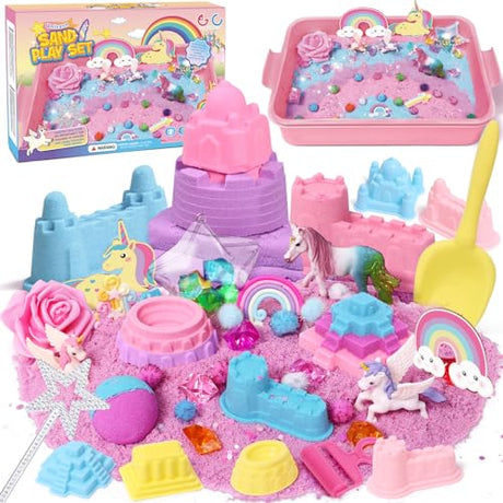 G.C Unicorn Sensory Bin for Girl Kid Toy, Play Sand Art Kit 108pcs with Sandbox, 2lb Color Sand, 6 Castle Molds, Unicorn Tactile Sensory Toy G.C