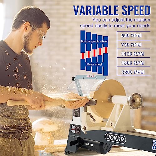 UOKRR Benchtop Wood Lathe 10" x 18" Wood Lathe Machine 5 Variable Speeds 500/750/1150/1800/3200RPM Mini Wood Turning Lathe for Woodworking 1/2HP - WoodArtSupply