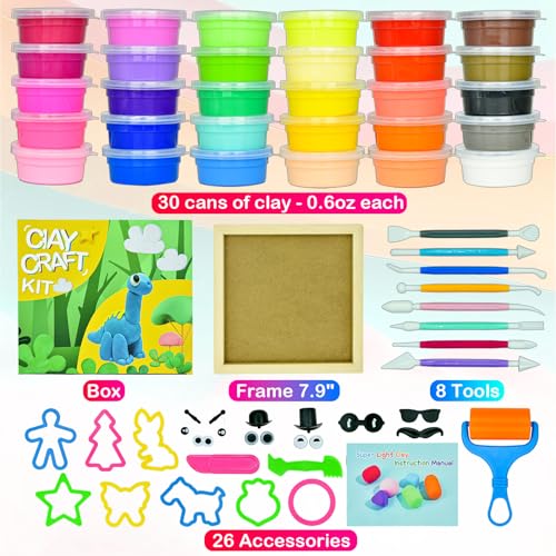 Aclarastra Air Dry Modeling Clay Kit 30 Colors Molding Magic Clay Set with Frame Tool DIY Art Craft Gift for Kid Boy Girl 4 5 6 7 8 Year Olds,