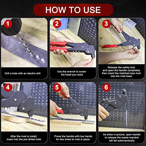 HAUTMEC Pop Rivet Gun,360° Swivel Head Hand Rivet Tool with 4 Manual Interchangeable Rivet Heads HT0128-HR HAUTMEC