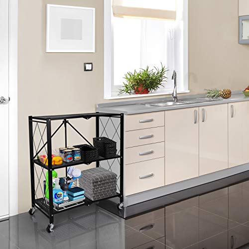 YSSOA 3-Tier Foldable Metal Shelves Heavy Duty Storage Shelving Unit with Wheels, Organizer Shelves for Garage Kitchen, Black - WoodArtSupply