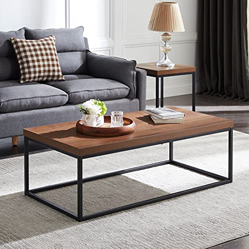 CENSI Dark Walnut Coffee Table for Living Room, 47" Modern Industrial Rectangular Wood and Metal Coffee Table with Extra Thick Tabletop (Walnut)
