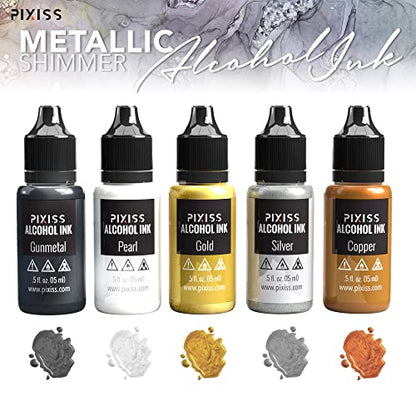 Metallic Alcohol Ink Set, Gold Alcohol Ink, Silver, Gunmetal, Copper, Pearl, Alcohol Ink Metallic Mixatives with Extreme Shimmer for Alcohol Ink
