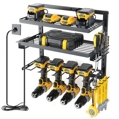 COFIT Power Tool Organizer, Power Drill Tool Holder with Charging Station, Wall Mount Tool Storage Organizer, 3 Layers Adjustable Height Iron Tool - WoodArtSupply