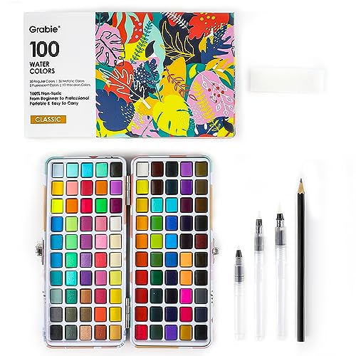 Grabie Watercolor Paint Set, 100 Colors Painting with Water Brush Pens and Drawing Pencil, Great for Kids and Adults, Art Supplies, Perfect Starter Grabie