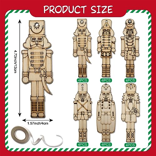 24 Pieces DIY Christmas Nutcracker Ornaments Unfinished Wooden Hanging Walnut Soldier Decoration Blank Xmas Crafts for Christmas Tree Holiday Party WoodArtSupply
