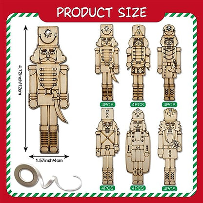 24 Pieces DIY Christmas Nutcracker Ornaments Unfinished Wooden Hanging Walnut Soldier Decoration Blank Xmas Crafts for Christmas Tree Holiday Party - WoodArtSupply