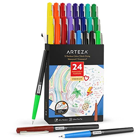 ARTEZA Permanent Markers, 24 Ultra Fine Tip Pens, 12 Rainbow Colors, 2-mm Line, Quick-Drying, Water Resistant, for Calligraphy and Sign Making ARTEZA