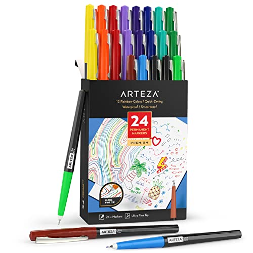 ARTEZA Permanent Markers, 24 Ultra Fine Tip Pens, 12 Rainbow Colors, 2-mm Line, Quick-Drying, Water Resistant, for Calligraphy and Sign Making - WoodArtSupply