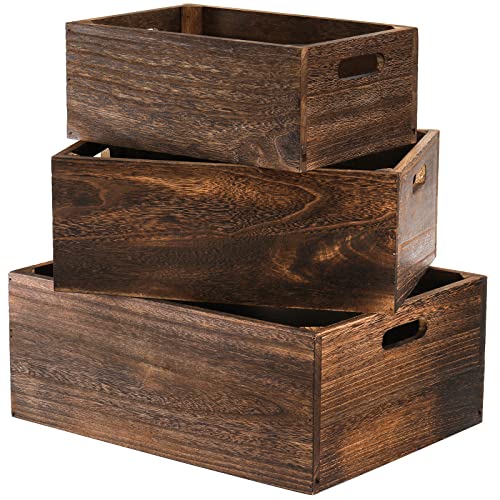 Frcctre Set of 3 Wood Nesting Storage Crates with Handles, Decorative Farmhouse Wooden Crates Storage Containers Rustic Handmade Natural Solid Wood - WoodArtSupply