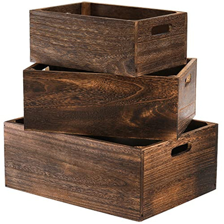 Frcctre Set of 3 Wood Nesting Storage Crates with Handles, Decorative Farmhouse Wooden Crates Storage Containers Rustic Handmade Natural Solid Wood Frcctre