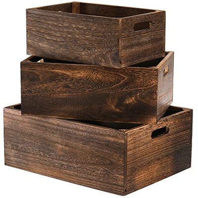 Frcctre Set of 3 Wood Nesting Storage Crates with Handles, Decorative Farmhouse Wooden Crates Storage Containers Rustic Handmade Natural Solid Wood