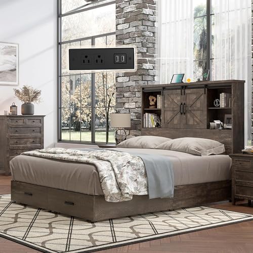 HOWE Rustic Queen Wood Platform Bed with Bookcase Headboard & Storage Drawers HOWE