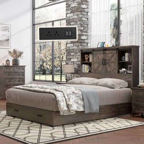 HOWE Rustic Queen Wood Platform Bed with Bookcase Headboard & Storage Drawers - WoodArtSupply