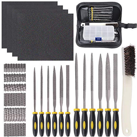 Glarks 18Pcs Assorted Wood Rasp Set Include 12Pcs Mini Hand Metal Files, A Brush and Storage Box with 4Pcs Sandpaper for Fixing Jewelers Diamond Wood Glarks