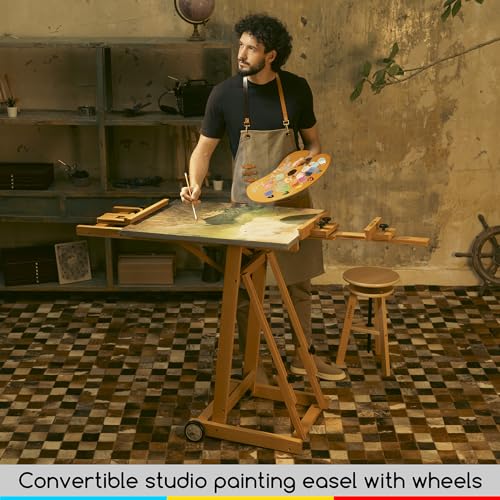 MEEDEN Versatile Studio H-Frame Easel - All Media Adjustable Beech Wood Studio Easel, Painting Floor Easel Stand, Movable and Tilting Flat Available, MEEDEN