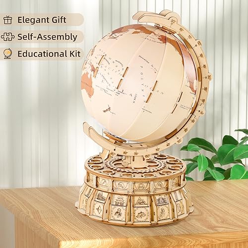 MIEBELY 3D Wooden Illuminated Globe Music Box with Space Projector - DIY LED Puzzle Kit for Adults - WoodArtSupply