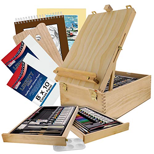 U.S. Art Supply 95 Piece Wood Box Easel Painting Set - Oil, Acrylic, Watercolor Paint Colors and Painting Brushes, Oil Artist Pastels, Pencils - U.S. Art Supply