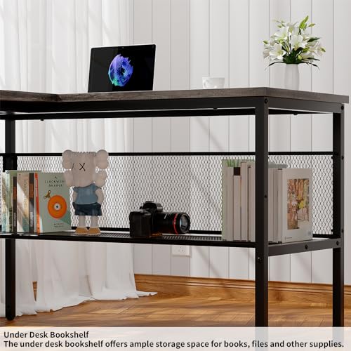 L-Shaped Ergonomic Computer Desk with Smart LED Lights and Versatile Power Outlets iSunirm