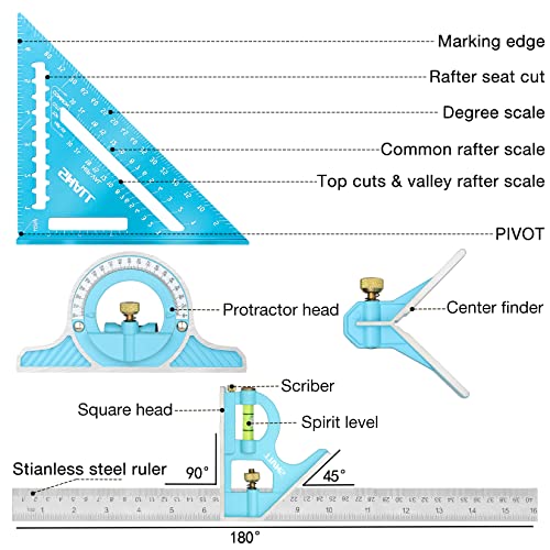 SHALL Rafter Square & Combination Square Tool Set, 7 Inch Aluminium-Alloy Carpenter Square & 16 Inch Zinc-Alloy Woodworking Framing Square Combo SHALL