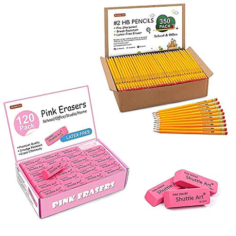 Shuttle Art Pencils and Erasers Bundle, Set of 350 Pack Sharpened Yellow Pencils + 120 Pack Pink Erasers Bulk Shuttle Art