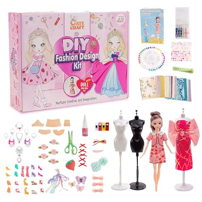 Cate Craft Fashion Design Sewing Kit for Kids, DIY Kids Fashion Design Kit for Making Doll Clothes, Complete with a 12-inch Doll, 2 Mannequins,