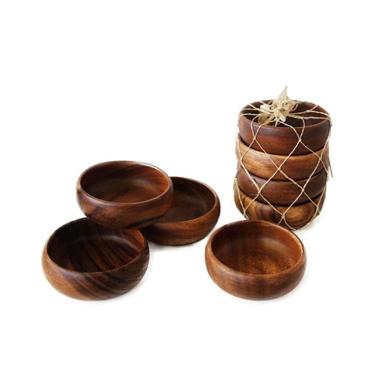 Acacia Handmade Wood Carved Plates - Set of 4 Calabash Bowls Size 4" (Round) - WoodArtSupply