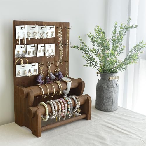 Ikee Design Wood Jewelry Holder Organizer Stand with 18 Hooks and Removable Holders,Earring and Bracelet Organizer,2 Tier Jewelry Tree Storage Tower, Ikee Design