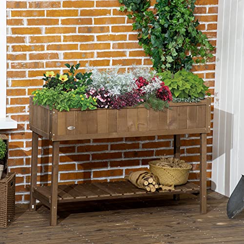 Outsunny Raised Garden Bed with 8 Pockets and Shelf, Wooden Elevated Planter Box with Legs to Grow Herbs, Vegetables, and Flowers, Dark Brown - WoodArtSupply