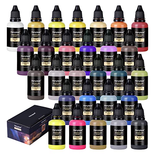 Airbrush Paint, Henyiewl 28 Colors Airbrush Paint Set (30 ml/1 oz), Opaque & Water-based Acrylic Air Brush Paint Kit Includes Metallic and Neon - WoodArtSupply