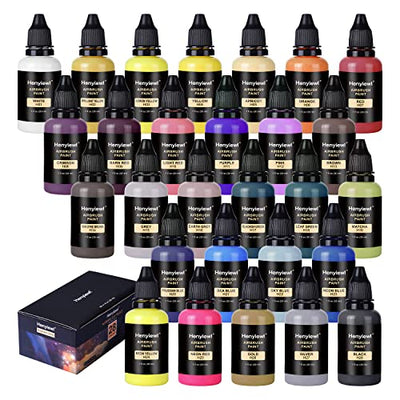 Airbrush Paint, Henyiewl 28 Colors Airbrush Paint Set (30 ml/1 oz), Opaque & Water-based Acrylic Air Brush Paint Kit Includes Metallic and Neon