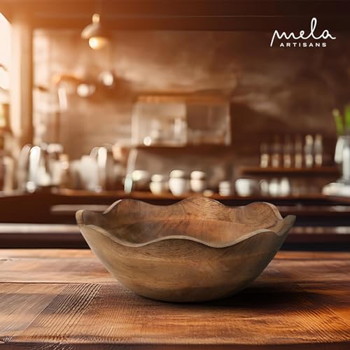 Mela Artisans Wooden Scalloped Bowl - Large | Ruffle Decorative Style | Rustic Kitchen Decor | Mango Wood | Natural Grain Finish | Fits Bread,