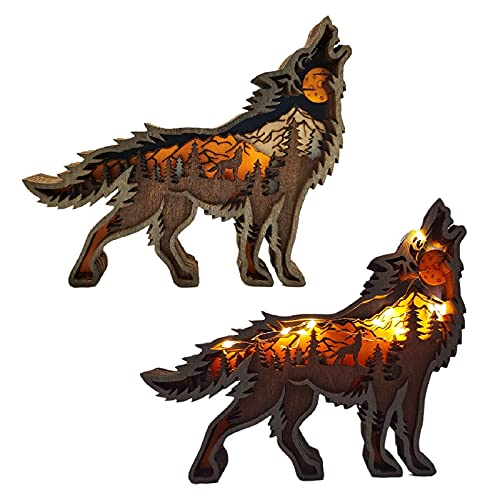 Hovico Creative Wolf Decoration Wolf Statue Desktop Decoration Lights, Wooden Animals Crafts,Christmas Decoration - WoodArtSupply