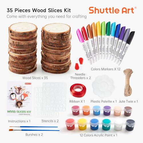 Wood Slices Kit, Shuttle Art 35 PCS Unfinished Natural Wood Slices with Pre-Drilled Hole, Acrylic Paint, Permanent Markers, Jute Twine, DIY Craft for - WoodArtSupply