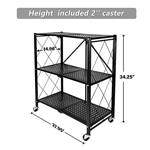 YSSOA 3-Tier Foldable Metal Shelves Heavy Duty Storage Shelving Unit with Wheels, Organizer Shelves for Garage Kitchen, Black - WoodArtSupply