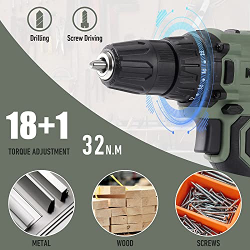 KREBS 20V Cordless Drill Set, Power Drill Kit with 1 Batteries & Fast Charger, 3/8-Inch Keyless Chuck 2 Variable Speed 18+1 Torque Setting and 28pcs KREBS