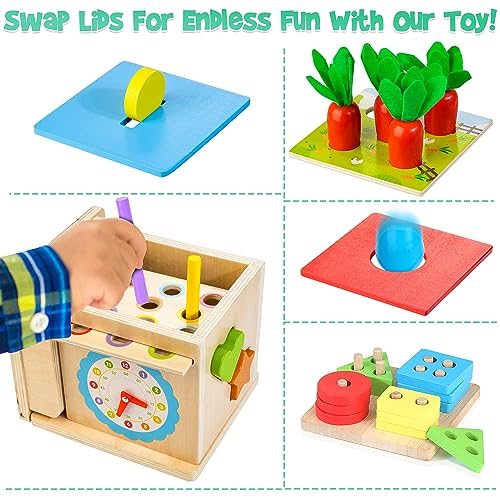 Kizfarm Wooden Montessori Baby Toys, 8-in-1 Wooden Play Kit Includes Object Permanent Box, Coin Box, Carrot Harvest, Shape Sorting & Stacking - Kizfarm