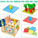 Kizfarm Wooden Montessori Baby Toys, 8-in-1 Wooden Play Kit Includes Object Permanent Box, Coin Box, Carrot Harvest, Shape Sorting & Stacking - Kizfarm