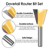 KOWOOD Dovetail Router Bit Set 6 Sizes with 1/4 Inch Shank ,Cutting Dia in 1/4" 3/8" 1/2" 5/8" 3/4" 7/8" Wood Milling Cutter Tool for Making Boxes KOWOOD