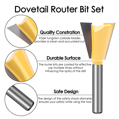 KOWOOD Dovetail Router Bit Set 6 Sizes with 1/4 Inch Shank ,Cutting Dia in 1/4" 3/8" 1/2" 5/8" 3/4" 7/8" Wood Milling Cutter Tool for Making Boxes - WoodArtSupply