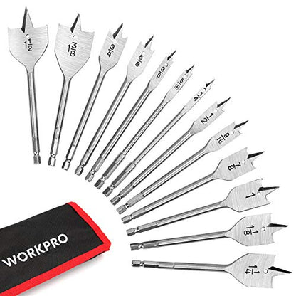 WORKPRO 13-Piece Spade Drill Bit Set in SAE, Paddle Flat Bits for Woodworking, Nylon Storage Pouch Included - WoodArtSupply