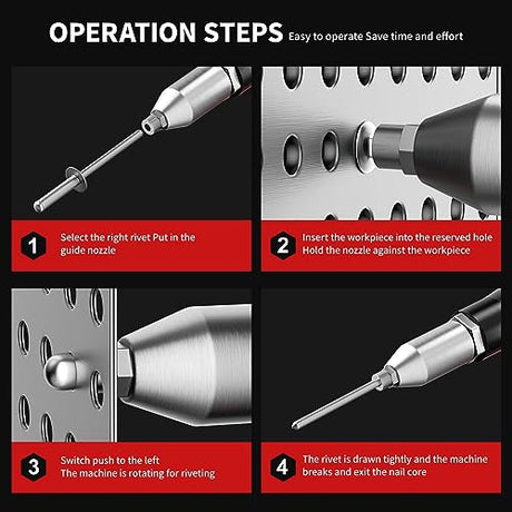 Dufuls Cordless Rivet Gun, Electric Rivet Gun Kit with 2PCS Battery and Charger, Brushless Blind Riveter Tool Kit for 1/8", 5/32", 3/16" Rivets Dufuls
