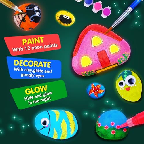 Kids Rock Painting Kit, Arts & Crafts Gifts for Girls and Boys Ages 4-12, Glow in The Dark Kids Activities Kits, Creative Art Paint Gifts Toys for - WoodArtSupply