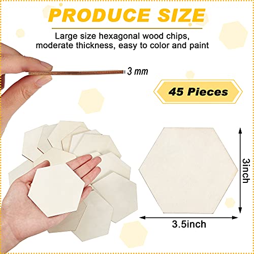 45 Pieces 3.5 x 3 Inch Unfinished Hexagon Wood Pieces Blank Wood Hexagon Shape Slices Wooden Tile Slabs Cutouts for DIY Crafts Painting Staining Jetec
