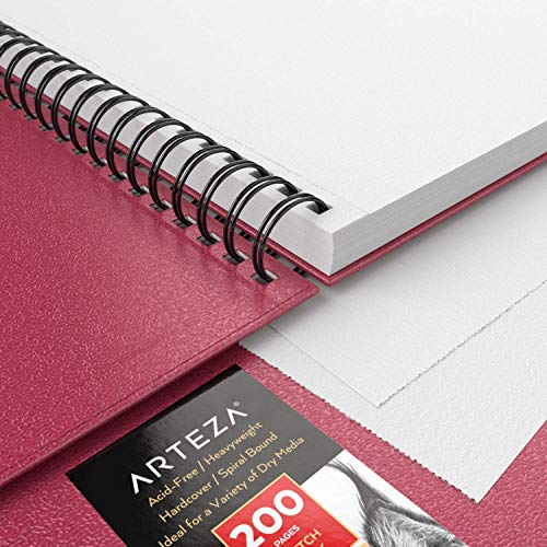 Arteza Hardcover Sketchbook, 9 x 12 Inches, 100 Sheets — 200 Pages, Pink Cover, Spiral-Bound 68-lb Drawing Pad, Art Supplies for Drawing with Dry ARTEZA