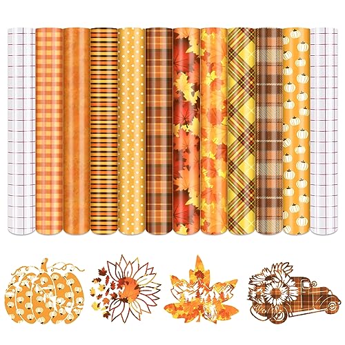 Tintnut Fall Permanent Vinyl - 10 Sheets 12"x10", Orange Autumn Pattern Vinyl Compatible with Cricut Machine, Thanksgiving Patterned Vinyl Sheets for Tintnut