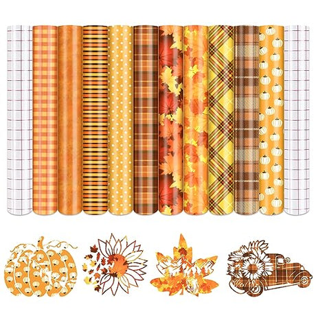 Tintnut Fall Permanent Vinyl - 10 Sheets 12"x10", Orange Autumn Pattern Vinyl Compatible with Cricut Machine, Thanksgiving Patterned Vinyl Sheets for Tintnut