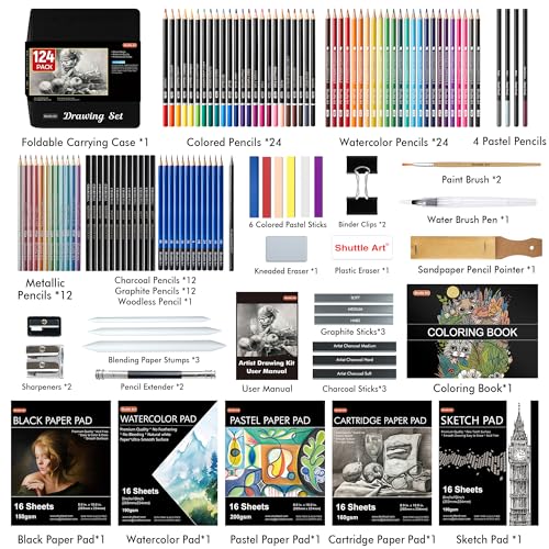Shuttle Art 124 PCS Drawing Kit, Professional Drawing Supplies with Sketch, Charcoal, Colored, Graphite, Pastel Pencils & Sticks, Complete Drawing Shuttle Art