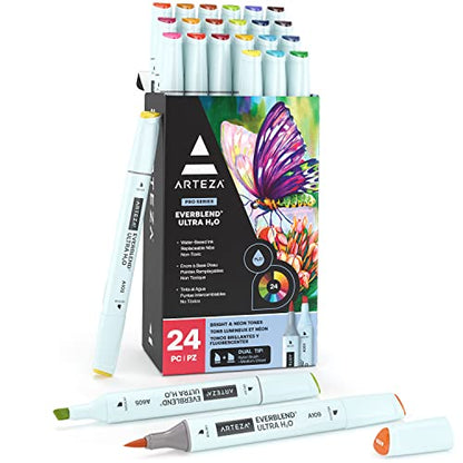 ARTEZA Dual Tip Brush Pens, 24 Bright and Neon Tones, EverBlend Watercolor Calligraphy Markers with Nylon Brush and Medium Chisel Tip, Water-Based